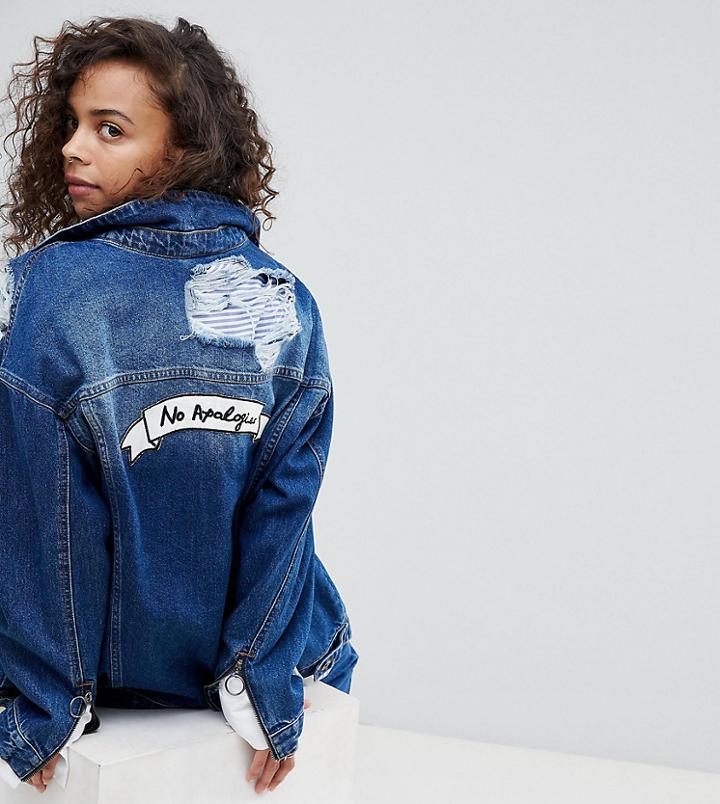 Kubban Petite Zip Front Denim Jacket With No Apologies Back Patch - Blue