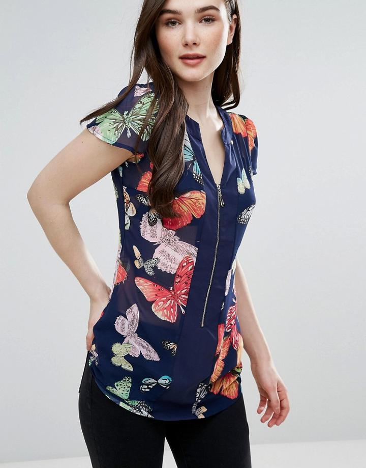 Pussycat London Zip Front Butterfly Print Tunic Top - Multi
