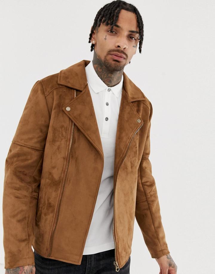 Asos Design Faux Suede Biker Jacket In Tan