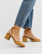 Asos Design Salvation Square Toe Block Heeled Mid Shoes In Rust Velvet - Beige