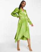 Ax Paris Wrap Front Midi Dress In Green