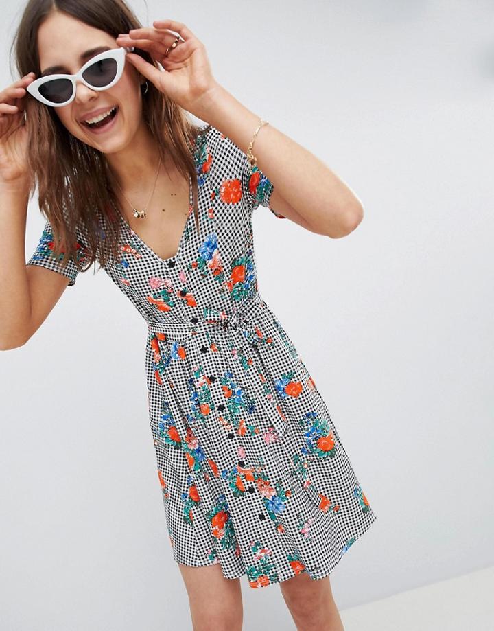 Asos Design Floral Print Gingham Button Through Sundress