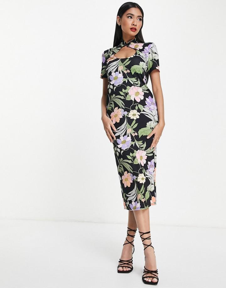 Asos Design Keyhole Midi Dress In Sketchy Floral Print-multi