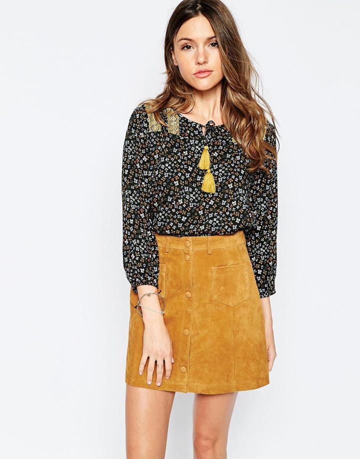 Only Ditsy Print Tie Front Top - Black