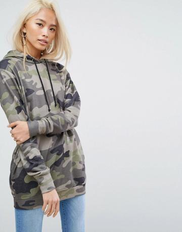 Arrive Longline Hoodie With Camo Print - Green