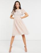 Needle & Thread Embellished Ruffle Sleeve Midi Dress In Blush-pink