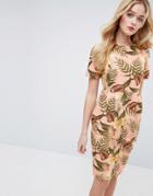 Asos Wiggle Dress With Open Back In Tropical Print - Multi