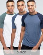 Asos 3 Pack T-shirt With Contrast Raglan Sleeves - Multi