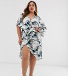 Asos Design Curve Satin Kimono Midi Dress With Knot Front And Asymmetric Sleeve In Abstract Print-multi