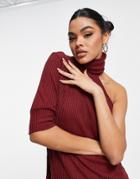 Love & Other Things One Shoulder High Neck Knit Sweater In Burgundy-red