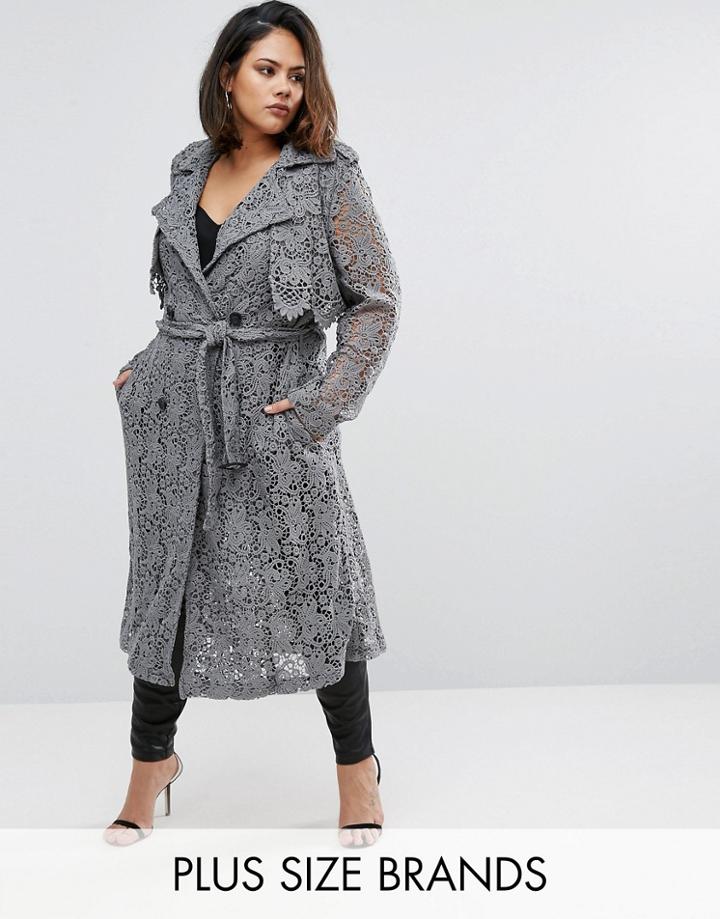 Elvi Plus Lace Trench - Gray