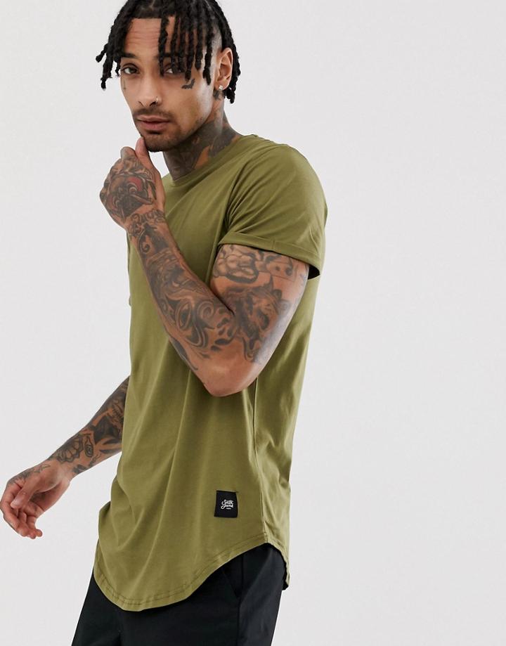 Sixth June Curved Hem T-shirt In Khaki - Green