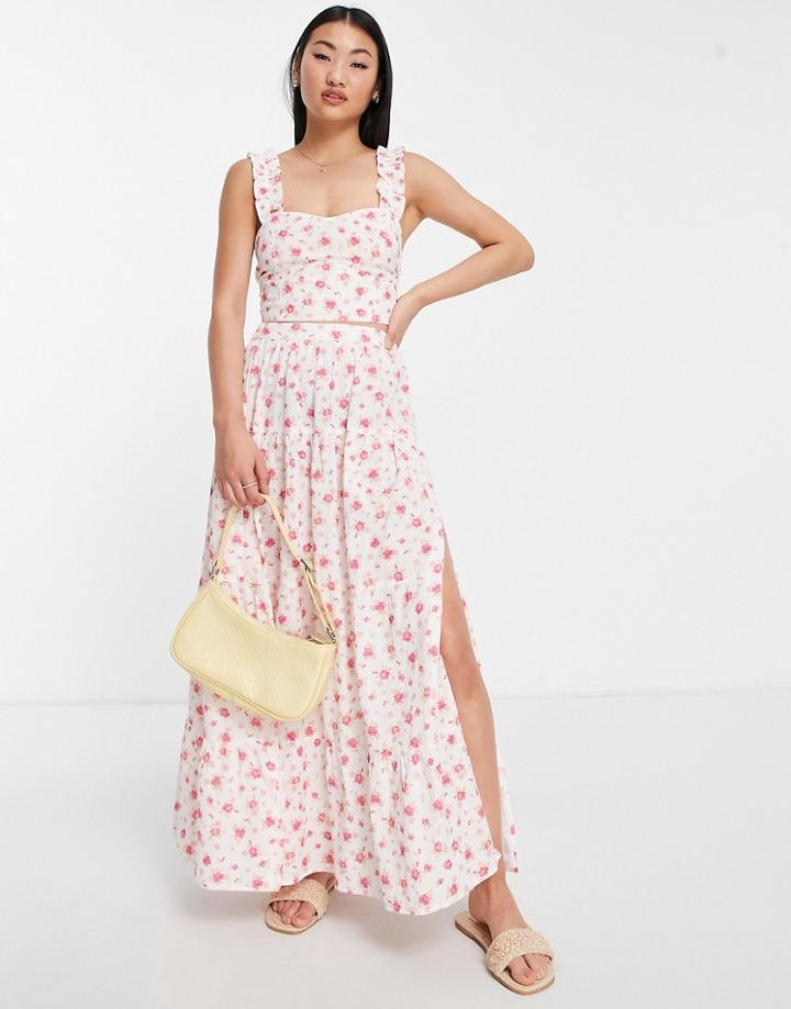 Miss Selfridge Linen Look Tiered Maxi Skirt In Pink Ditsy-white
