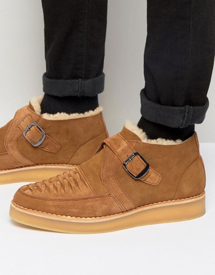 Diesel Khiris Suede Shearling Look Wedge Creeper Boots - Tan