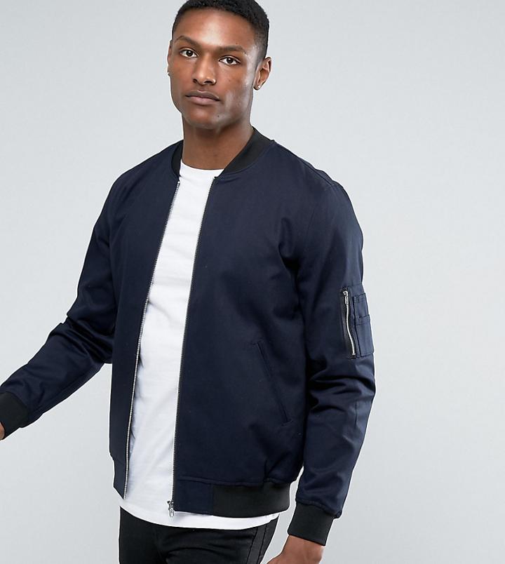 Asos Design Tall Bomber Jacket With Sleeve Zip In Navy - Navy