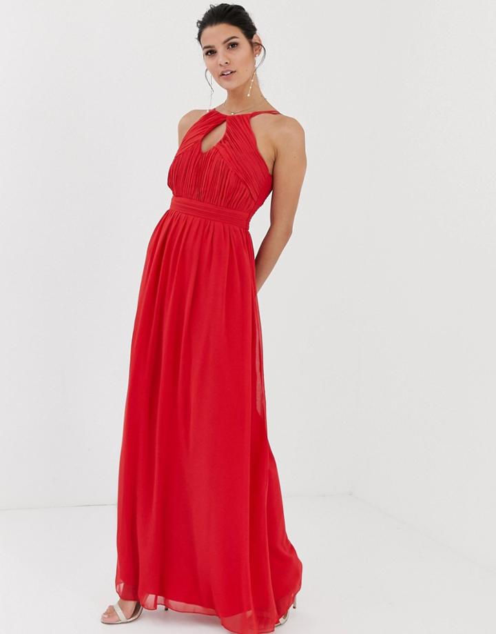 Little Mistress Keyhole Pleated Bodice Maxi Dress With Ruched Waist And Double Straps - Red