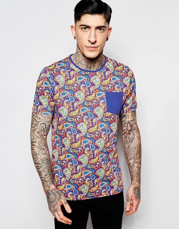 Pretty Green T-shirt In Slim Fit With Multicoloured Paisley Print - Blue