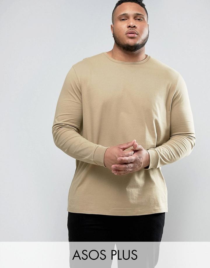 Asos Plus Longline Long Sleeve T-shirt In Beige - Beige