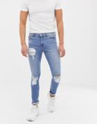 Asos Design 12.5oz Super Skinny Jeans In Vintage Light Wash With Heavy Rips - Blue
