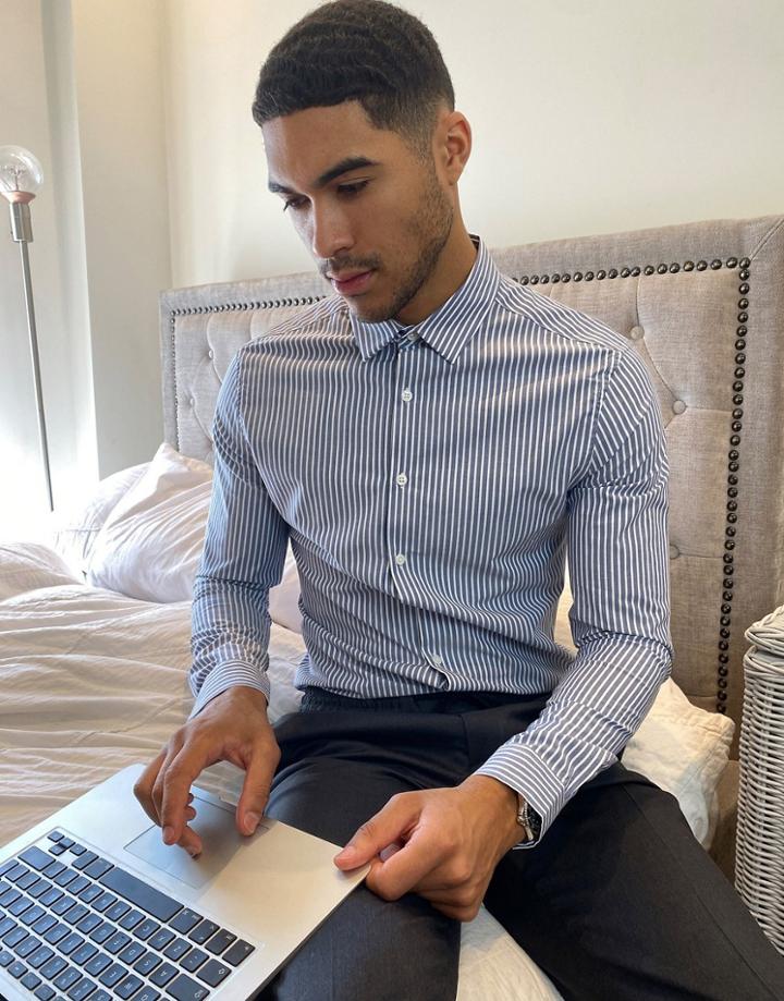 Asos Design Skinny Fit Stripe Shirt In Blue-blues