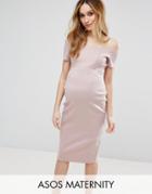 Asos Maternity Scallop Off The Shoulder Midi Pencil Dress In Scuba - Pink