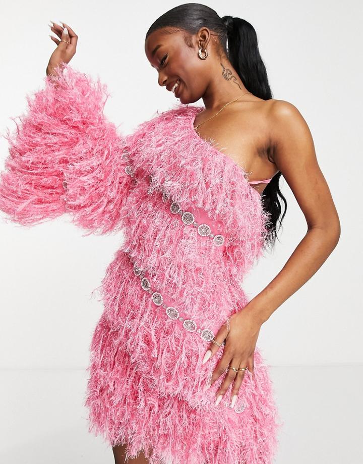 Asos Luxe All Over Faux Feather One Sleeve Mini Dress In Pink