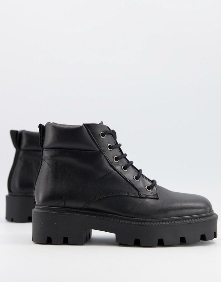 Asos Design Advance Leather Square Toe Chunky Lace Up Boots In Black