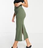 Flounce London Petite Ribbed Midi Skirt With Side Splits In Khaki - Part Of A Set-green