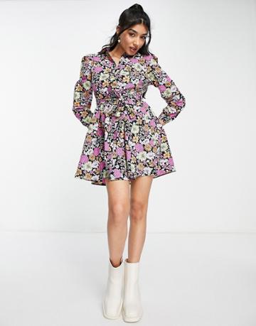Miss Selfridge Ruched Front Mini Shirt Dress In Retro Floral-multi