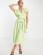 Closet London Ruched Waist Flutter Sleeve Midi Dress In Lime-green