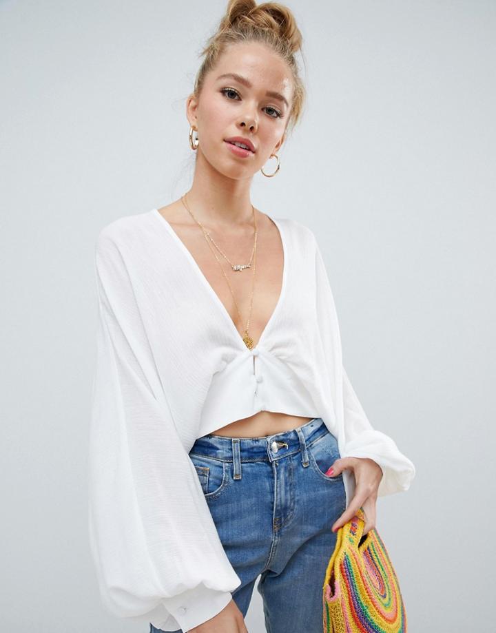 Asos Design Batwing Plunge Top In Crinkle - White