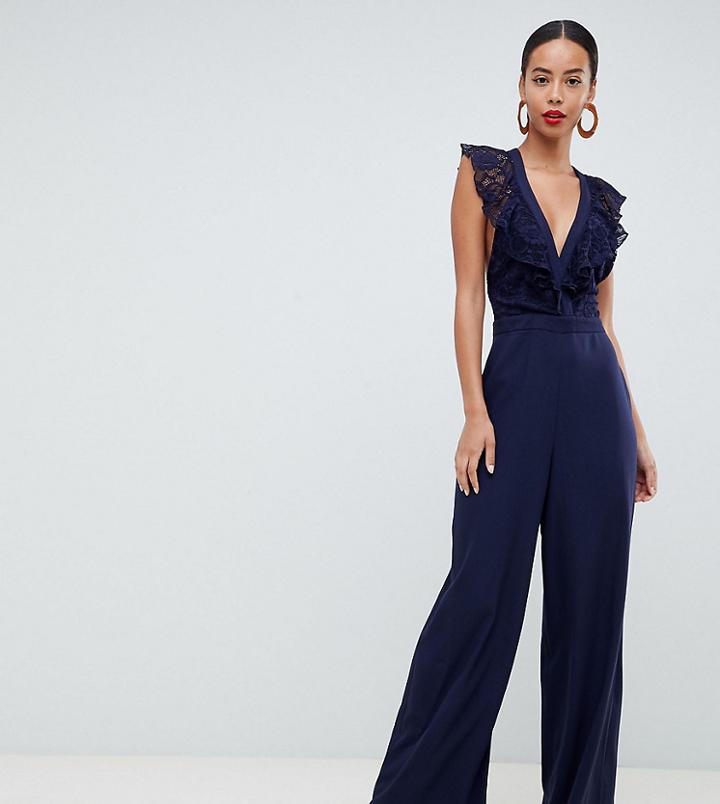 Asos Tall Wrap Lace Jumpsuit With Wide Leg-navy