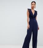 Asos Tall Wrap Lace Jumpsuit With Wide Leg-navy