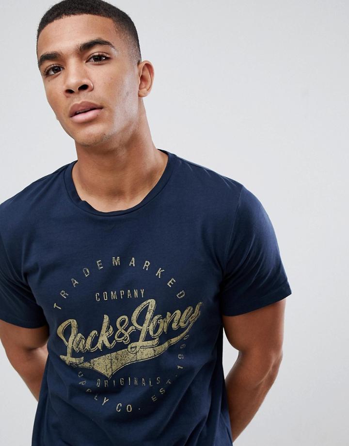 Jack & Jones Logo T-shirt With Vintage Print - Navy