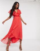 Asos Design Cape Back Dipped Hem Maxi Dress In Red
