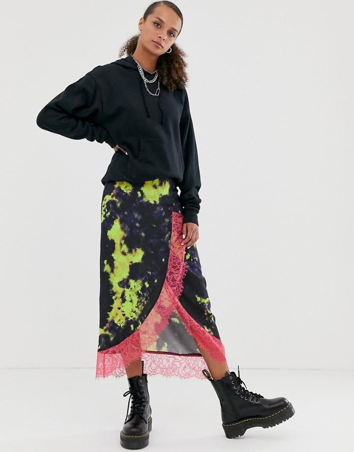 Asos Design Tie Dye Wrap Midi Skirt With Neon Lace Hem - Multi