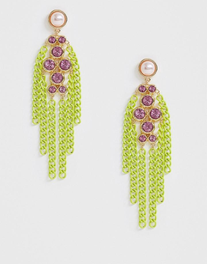 Asos Design Statement Earrings With Color Pop Chain Strands And Crystal Drops