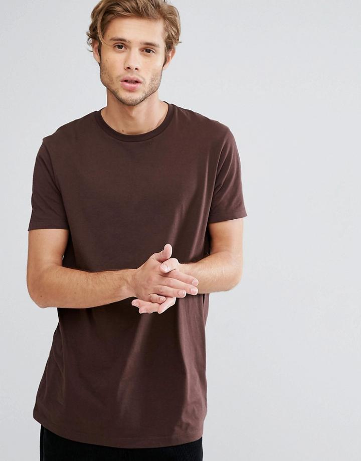 Asos Longline T-shirt With Crew Neck In Brown - Brown