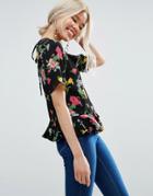 Asos T-shirt In Dark Floral Print With Ruffle Hem - Multi