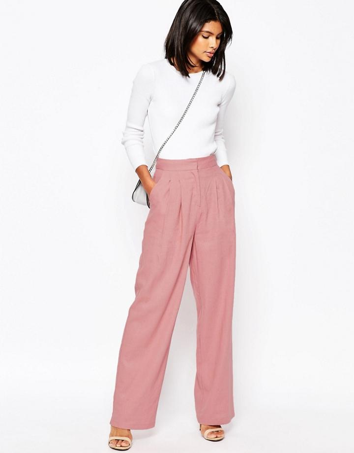 Asos Wide Leg Pants In Linen - Pink