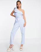 Asos Design Scuba Bow One Shoulder Belted Jumpsuit In Pastel Blue