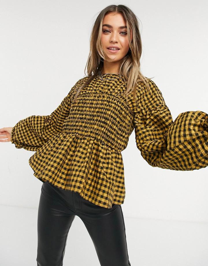 Asos Design Long Sleeve Seersucker Gingham Top With Shirred Panel-multi