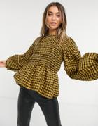 Asos Design Long Sleeve Seersucker Gingham Top With Shirred Panel-multi