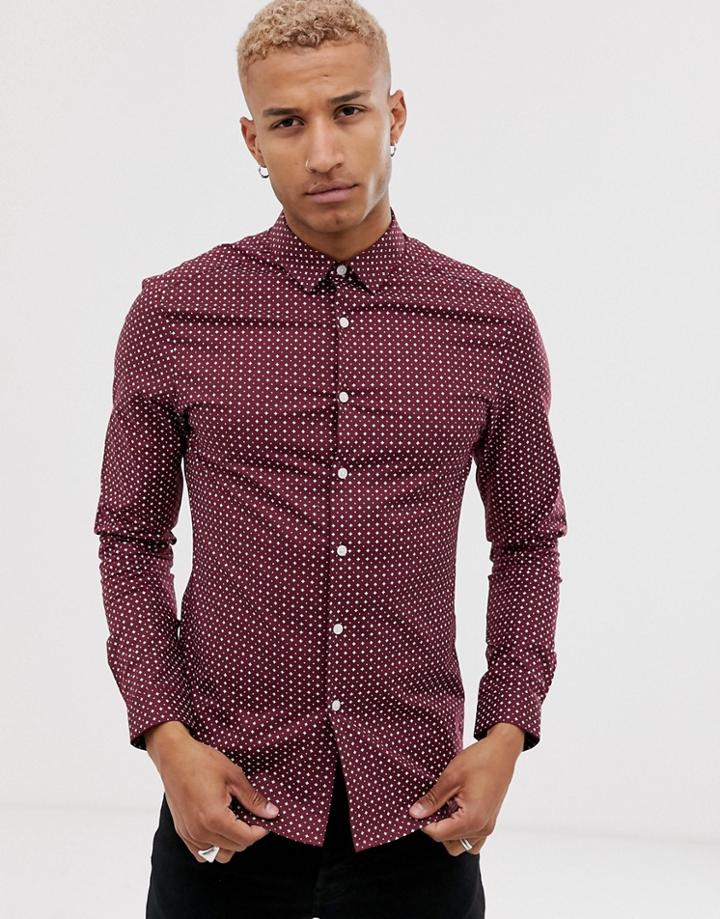 Asos Design Skinny Fit Smart Shirt With Ditsy Print In Burgundy-red