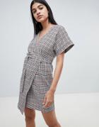 Asos Design Wrap Mini Dress In Check With Kimono Sleeve-multi