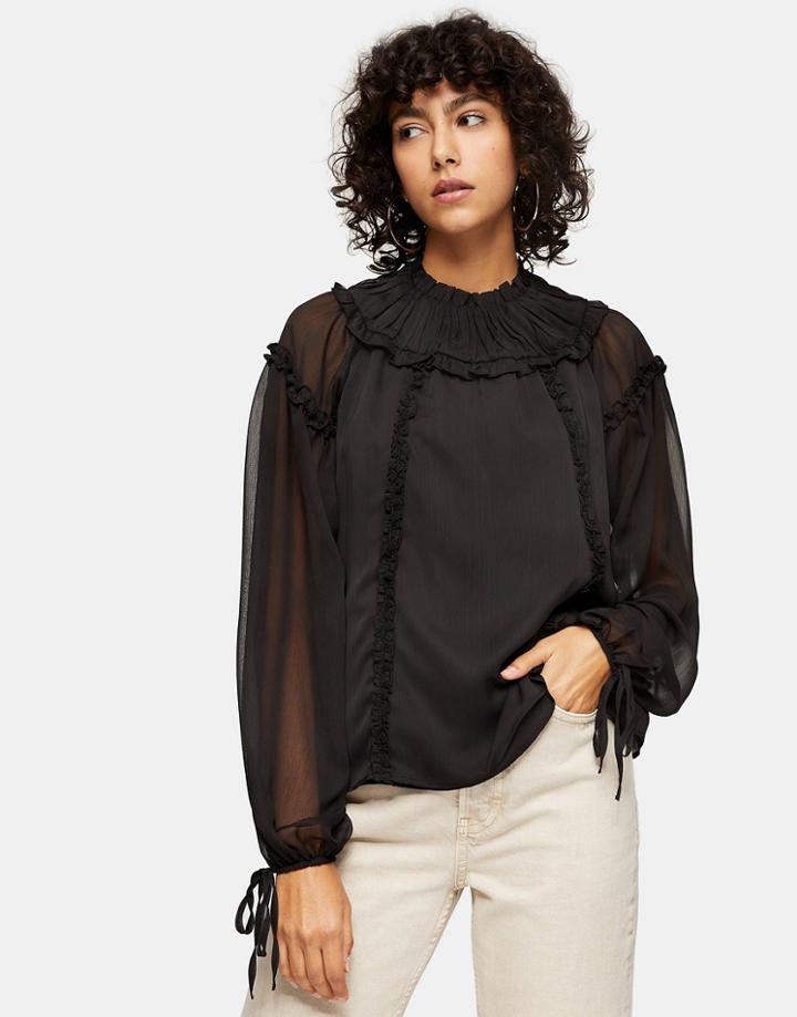 Topshop Ruffle Yoke Blouse In Black