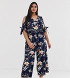 Simply Be Cold Shoulder Jumpsuit In Navy Floral-multi