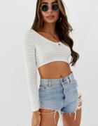 Asos Design V Neck Long Sleeve Mesh Crop Top-white