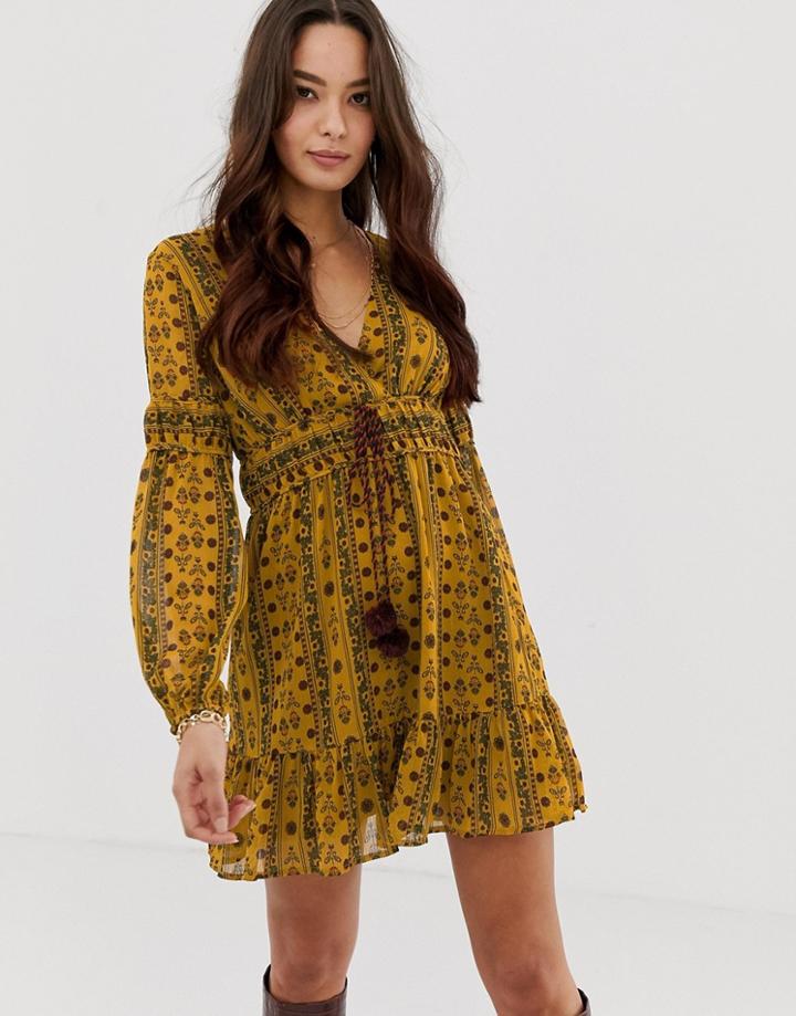 Moon River Printed Tie Waist Skater Dress - Multi