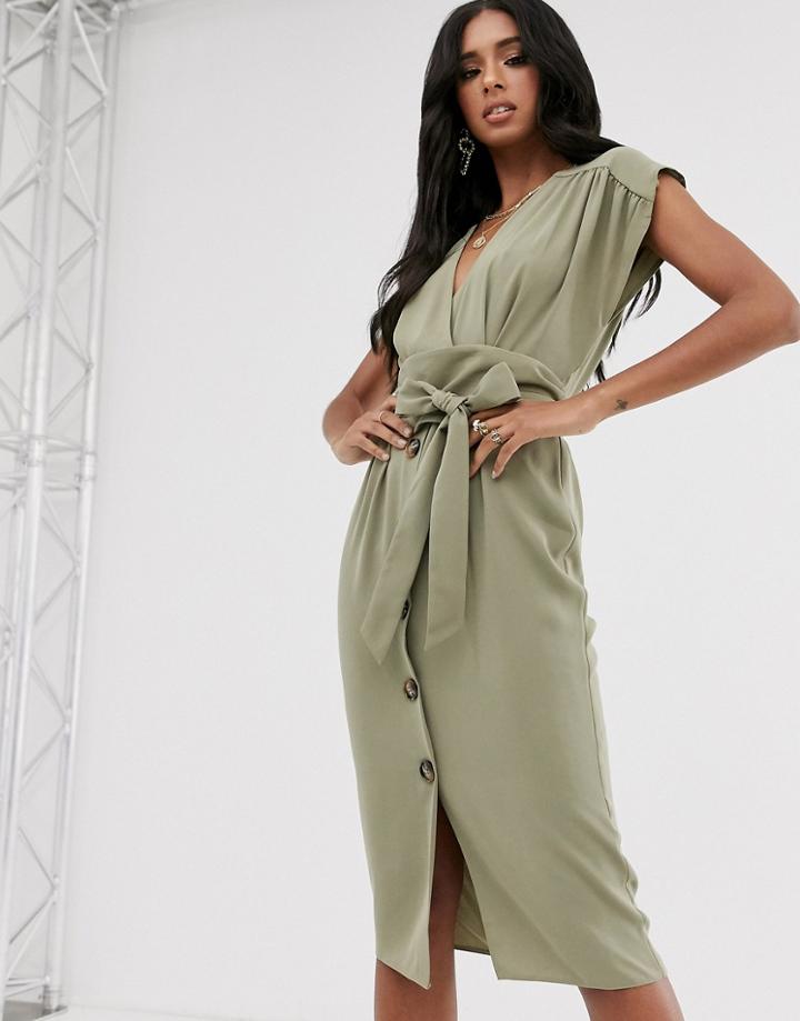 Asos Design Obi Belt Button Through Sleeveless Midi Dress - Green
